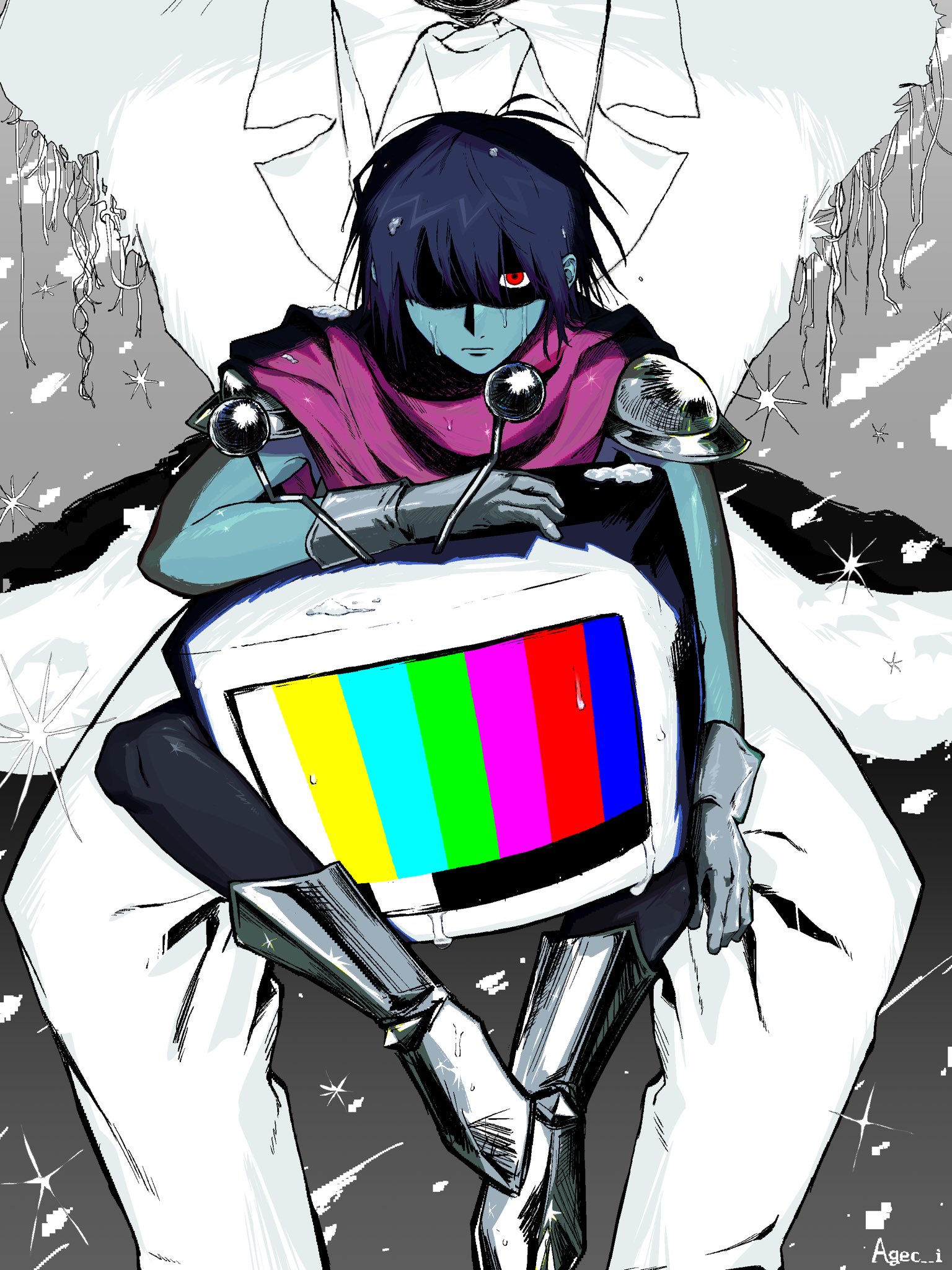 ant tenna, kris (dark world) (deltarune), kris (deltarune), deltarune, utdr (toby fox), highres, 1boy, 1other, agec i, arm on another's head, armor, artist name, between legs, black hair, blue skin, cable, clothed robot, colored skin, crt, disembodied hand, gloves, grey gloves, holding detached head, humanoid robot, looking at viewer, mechabare, missing limb, object head, partially shaded face, radio antenna, red eyes, robot, snow, sweat, torn clothes, wire