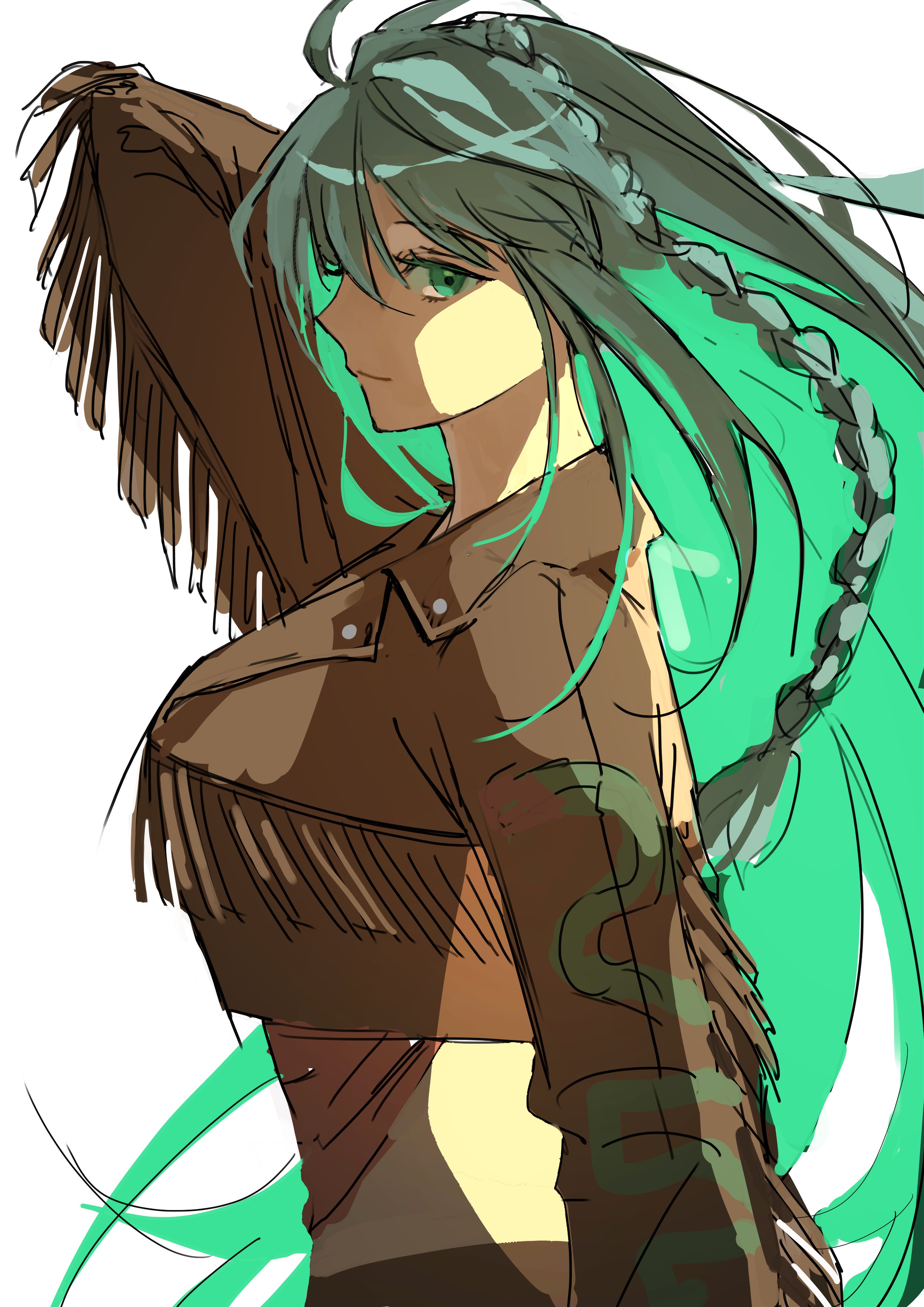yammu, kukulkan (fate), kukulkan (first ascension) (fate), fate/grand order, fate (series), absurdres, commentary request, highres, 1girl, braid, brown jacket, closed mouth, floating hair, from side, green eyes, green hair, grey background, jacket, long hair, looking at viewer, multicolored hair, profile, simple background, solo, two-tone hair, very long hair