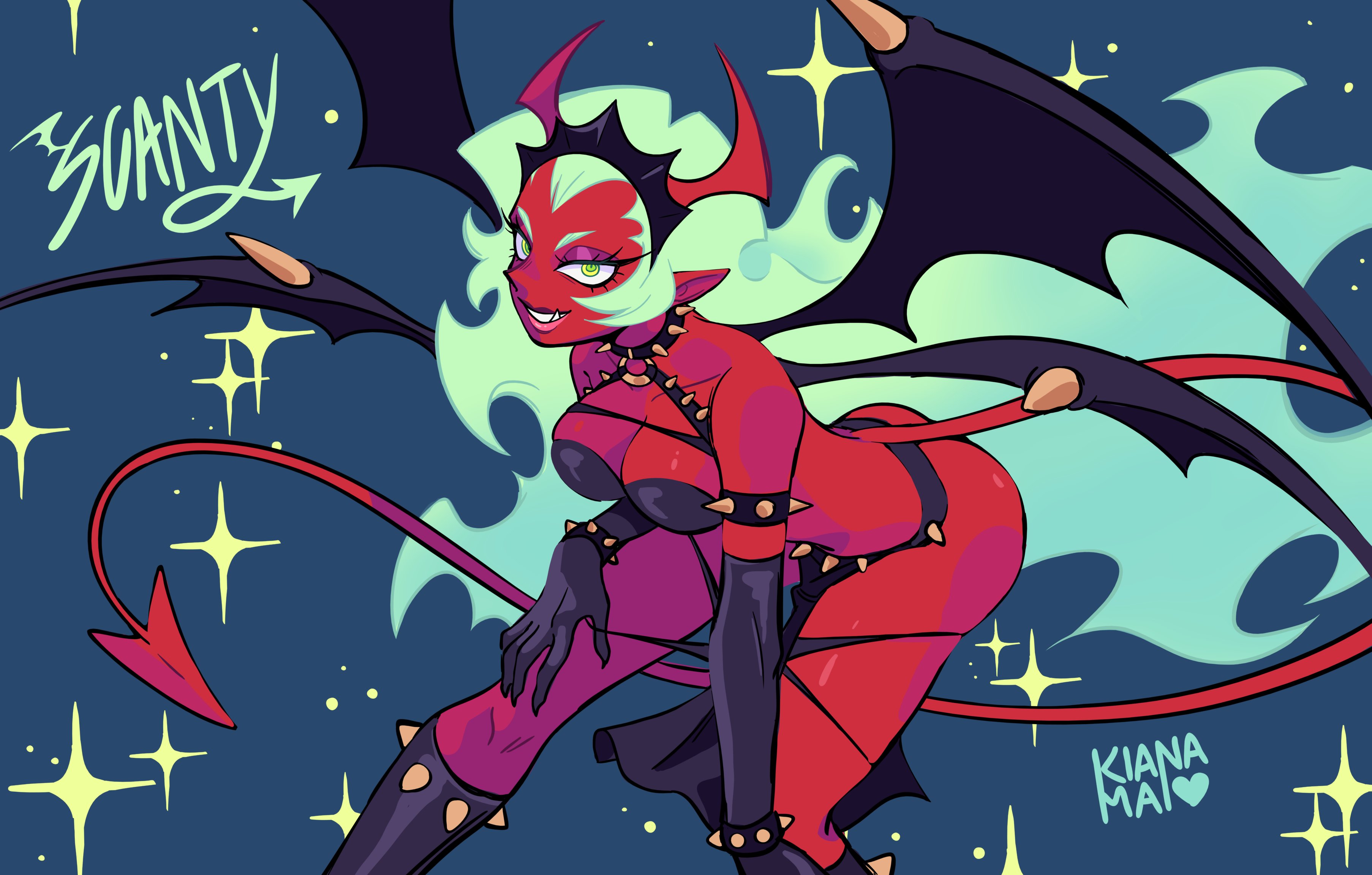kiana mai, scanty (psg), panty & stocking with garterbelt, absurdres, highres, armlet, bracelet, breasts, cleavage, collar, colored skin, demon girl, demon horns, demon tail, demon wings, fang, halterneck, horns, jewelry, leaning forward, long hair, long tail, pelvic curtain, red skin, spiked armlet, spiked boots, spiked bracelet, spiked collar, spikes, tail, very long hair, wings
