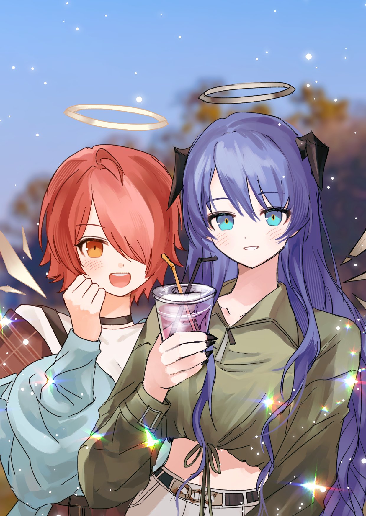 exusiai (arknights), mostima (arknights), arknights, commission, hashtag-only commentary, highres, 2girls, :d, black choker, black horns, blue eyes, blurry, blurry background, blush, choker, crepe commission, crop top, cropped shirt, detached wings, drink, drinking straw, green shirt, grey halo, grin, hair between eyes, hair over one eye, halo, holding, holding drink, horns, light particles, long hair, long sleeves, looking at viewer, multiple girls, one eye covered, open mouth, orange eyes, purple hair, red hair, s2 medi, shirt, short hair, smile, sparkle, t-shirt, traditional halo, upper body, white shirt, wings, yellow halo