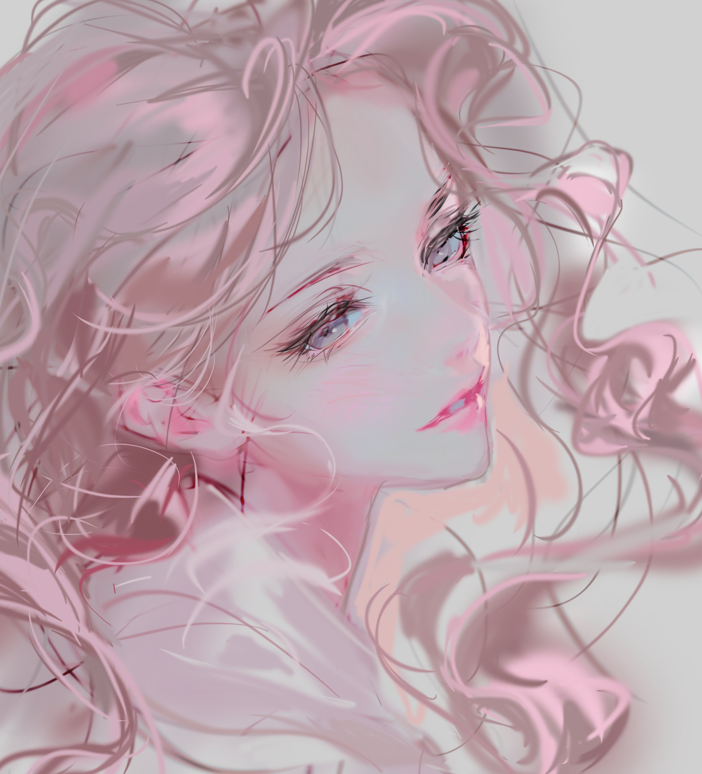 bm94199, original, absurdres, highres, 1girl, blush, curly hair, long hair, open mouth, pink hair, pink lips, purple eyes, solo, teeth, white background
