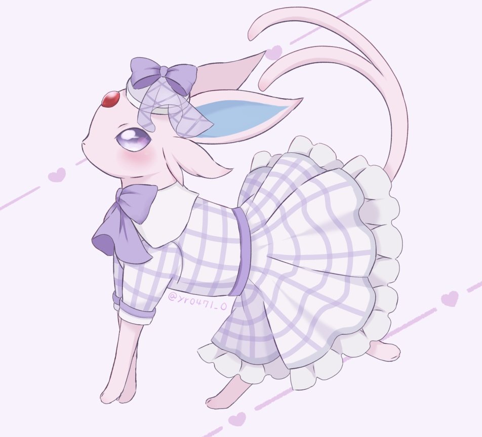 yuuri (yr0471 0), espeon, espeon (checkered), nintendo, pokemon, pokemon unite, commentary request, blush, bow, clothed pokemon, dress, frilled dress, frills, gen 2 pokemon, hat, heart, looking up, no humans, pokemon (creature), purple dress, purple eyes, purple hat, solo