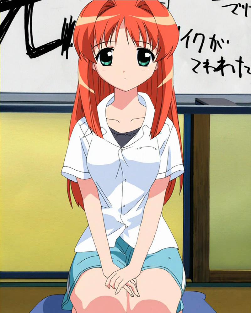 hikari (kono minikuku), hikari (konomini), kono minikuku mo utsukushii sekai, anime screenshot, stitched, third-party edit, 1girl, closed mouth, collared shirt, dot nose, female focus, green eyes, indoors, konomini, long hair, looking at viewer, orange hair, red hair, shirt, short sleeves, sitting, solo