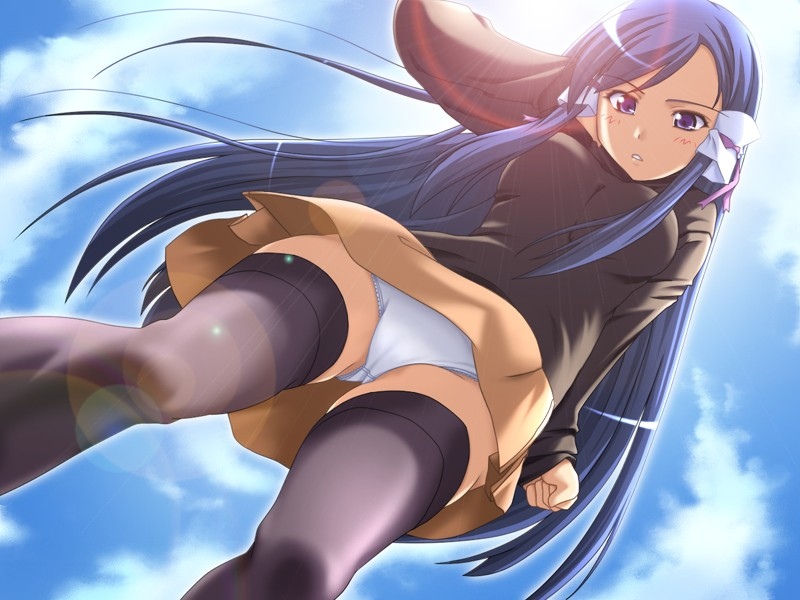 haganemaru kennosuke, yoshihara maito, jamming rumble, game cg, 1girl, black thighhighs, blue eyes, blue hair, blush, cloud, day, female focus, from below, hair ribbon, hair tubes, lace, lace-trimmed panties, lace trim, lens flare, long hair, long sleeves, matching hair/eyes, panties, pantyshot, purple eyes, purple hair, ribbon, shirt, skirt, sky, solo, standing, sweater, thighhighs, underwear, upskirt, white panties