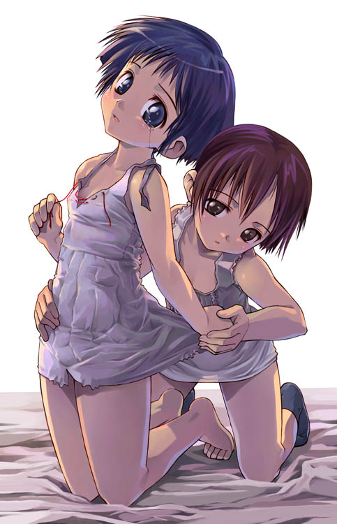 satou toshiyuki, copyright request, 2girls, bare legs, barefoot, bed, feet, female focus, kodomo doushi, lingerie, loli, multiple girls, short hair, simple background, tears, underwear, white background, yuri