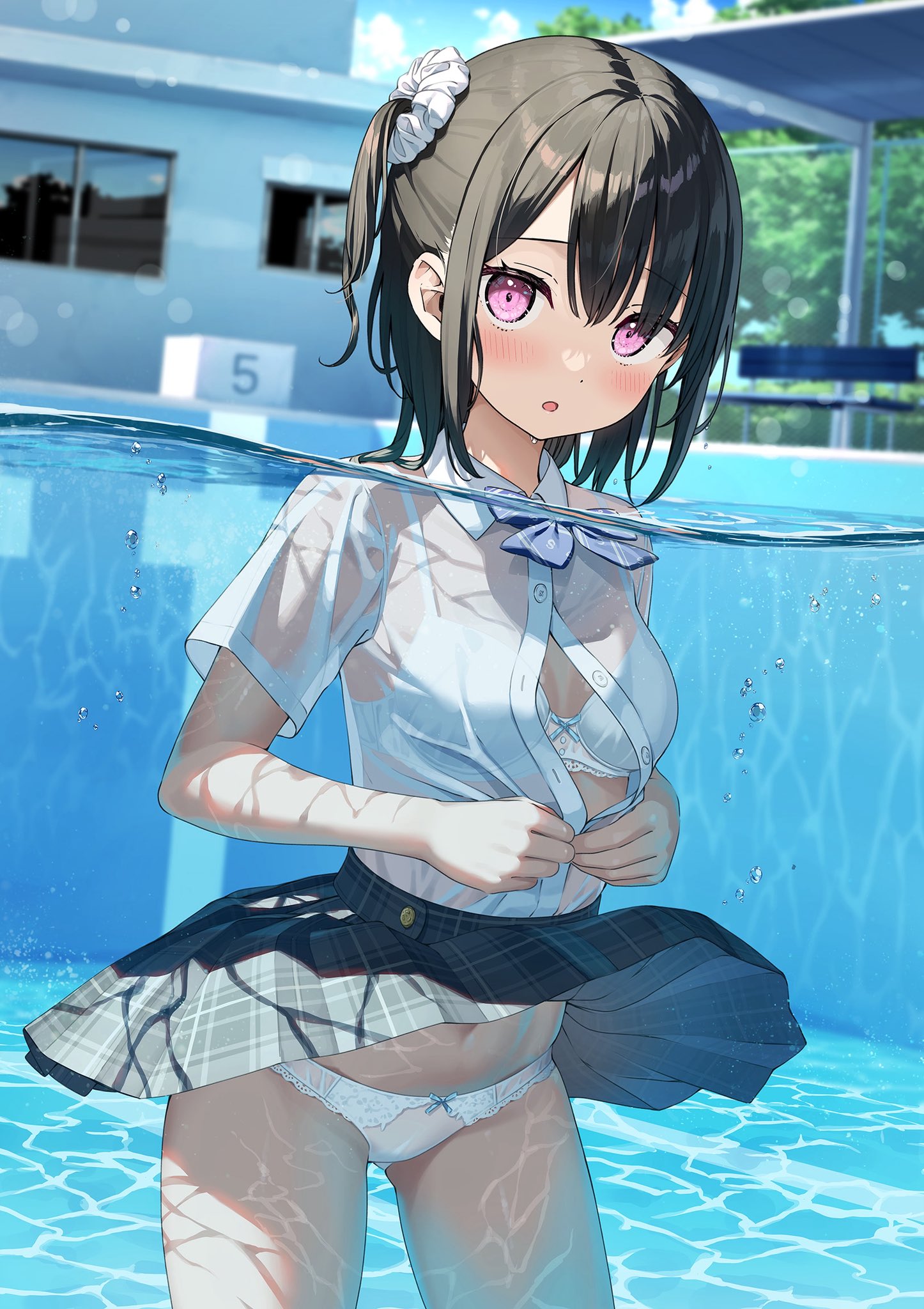 kantoku, shizuku (kantoku), original, commentary request, highres, 1girl, :o, air bubble, black hair, blue bow, blue bowtie, blurry, blurry background, blush, bow, bow bra, bow panties, bowtie, bra, bubble, caustics, clothes lift, cowboy shot, day, depth of field, floating clothes, grey skirt, hair ornament, hair scrunchie, looking at viewer, one side up, outdoors, panties, pantyshot, parted lips, partially submerged, partially unbuttoned, partially underwater shot, pink hair, plaid clothes, plaid skirt, pool, school uniform, scrunchie, see-through clothes, see-through shirt, shirt, shirt tucked in, short hair, short sleeves, skirt, skirt lift, solo, standing, sunlight, unbuttoning, underwear, water, wet, wet clothes, wet hair, wet shirt, white bra, white panties, white scrunchie, white shirt