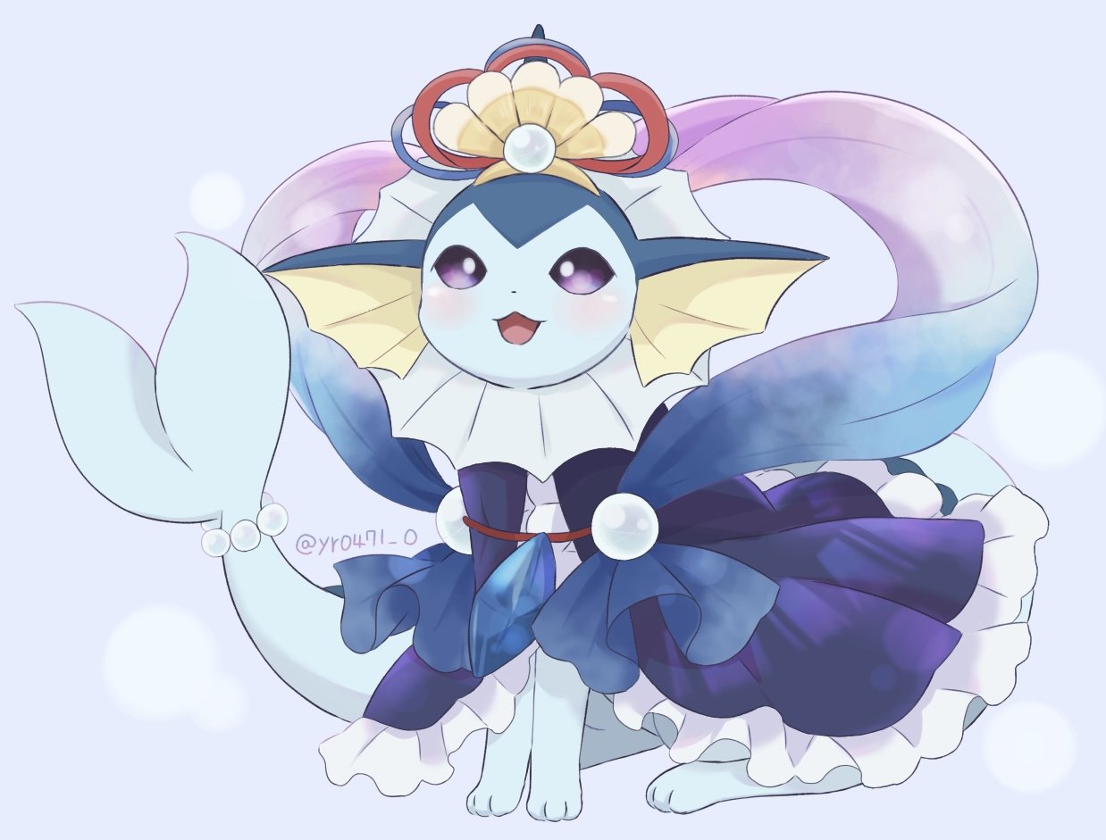 yuuri (yr0471 0), vaporeon, nintendo, pokemon, commentary request, blush, clothed pokemon, dress, frilled dress, frills, gen 1 pokemon, hat, no humans, open mouth, pokemon (creature), purple eyes, sitting, smile, solo, tail, tail ornament, twitter username