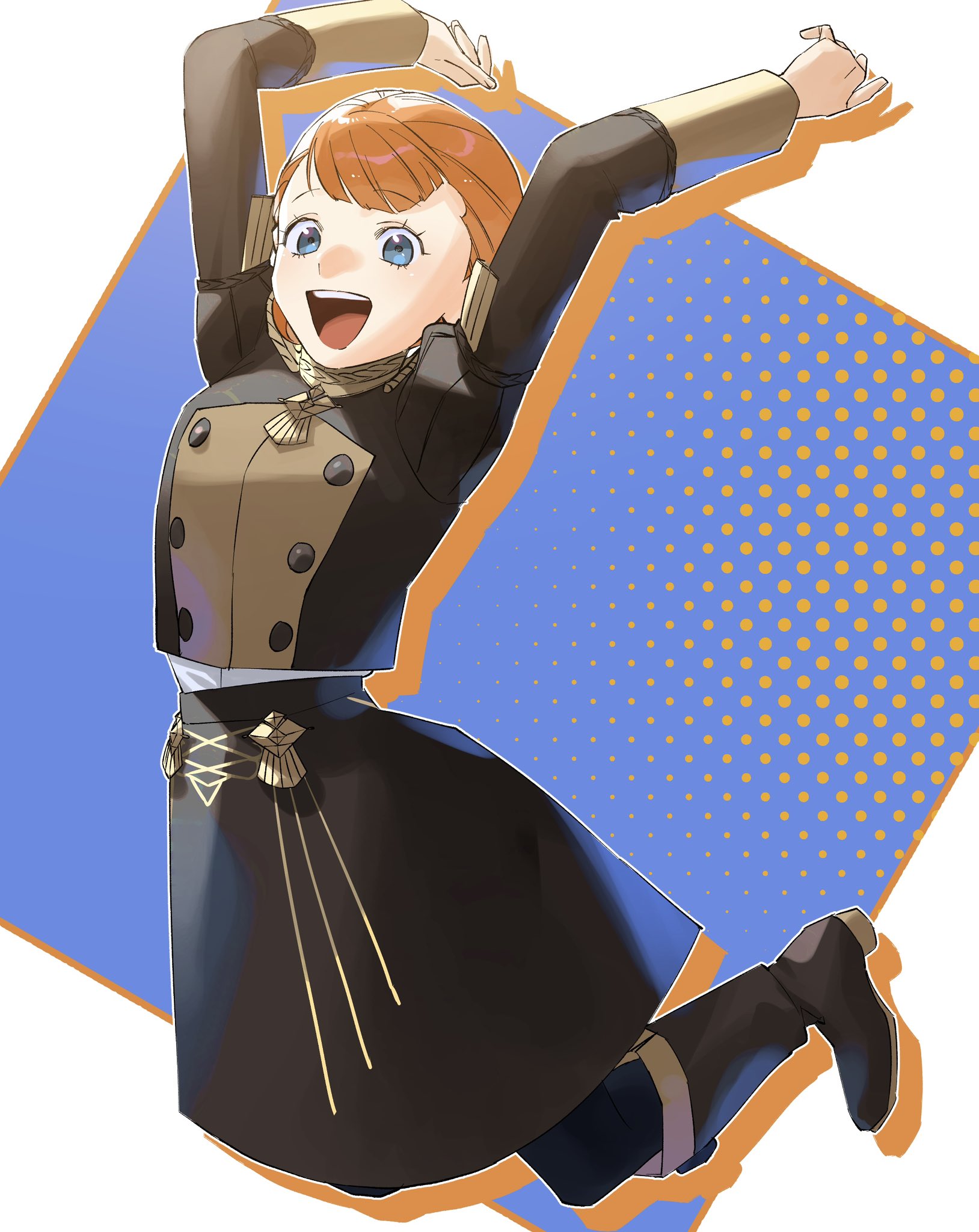 annette fantine dominic, fire emblem, fire emblem: three houses, nintendo, commentary, highres, symbol-only commentary, 1girl, arms up, black boots, black pantyhose, black skirt, blue eyes, boots, buttons, garreg mach monastery uniform, jumping, long sleeves, looking at viewer, mkpj32, open clothes, orange hair, pantyhose, short hair, skirt, smile, solo, teeth, upper teeth only