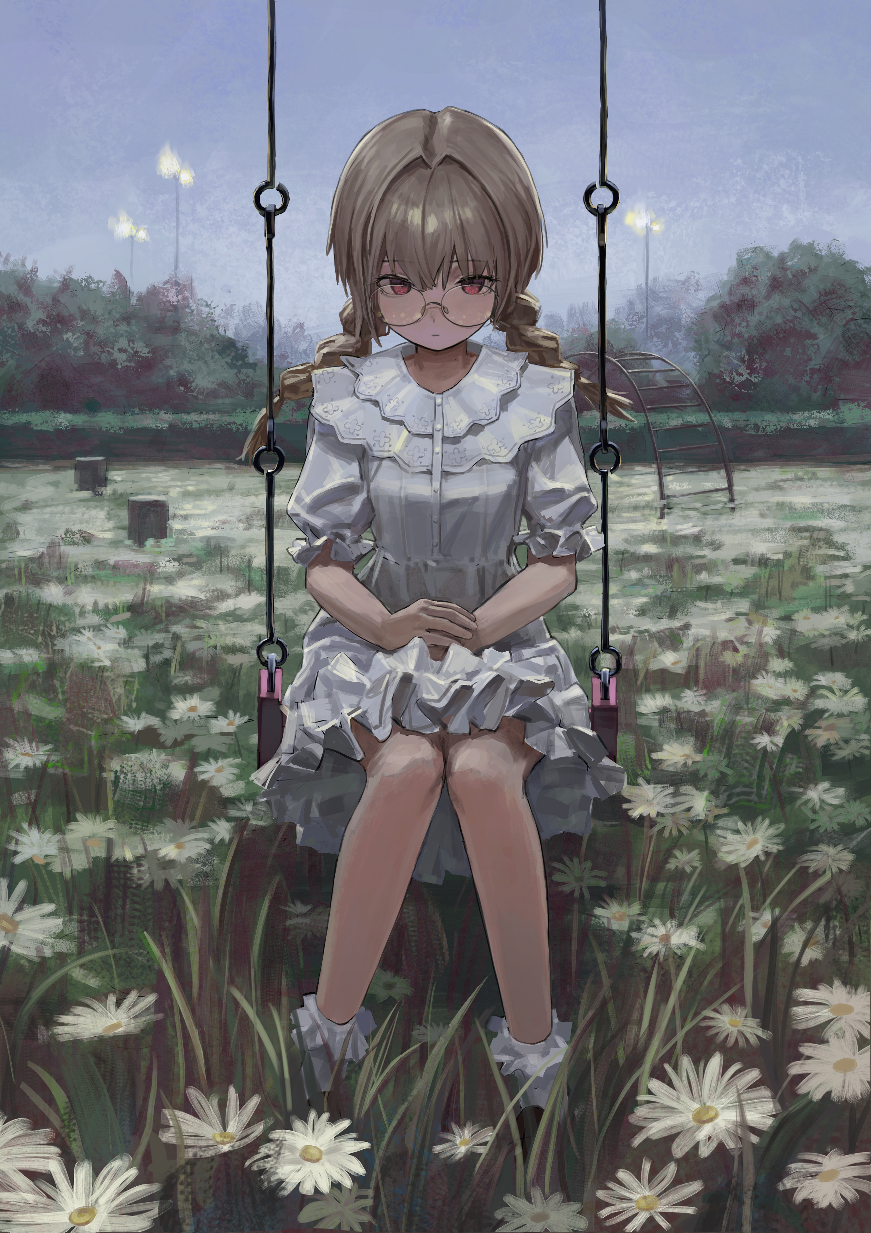 an yb, original, absurdres, highres, 1girl, blonde hair, breasts, chair, dress, frilled dress, frills, glasses, grass, long hair, looking at viewer, low twintails, red eyes, rocking chair, scenery, sitting, sky, small breasts, tree, twintails, white dress