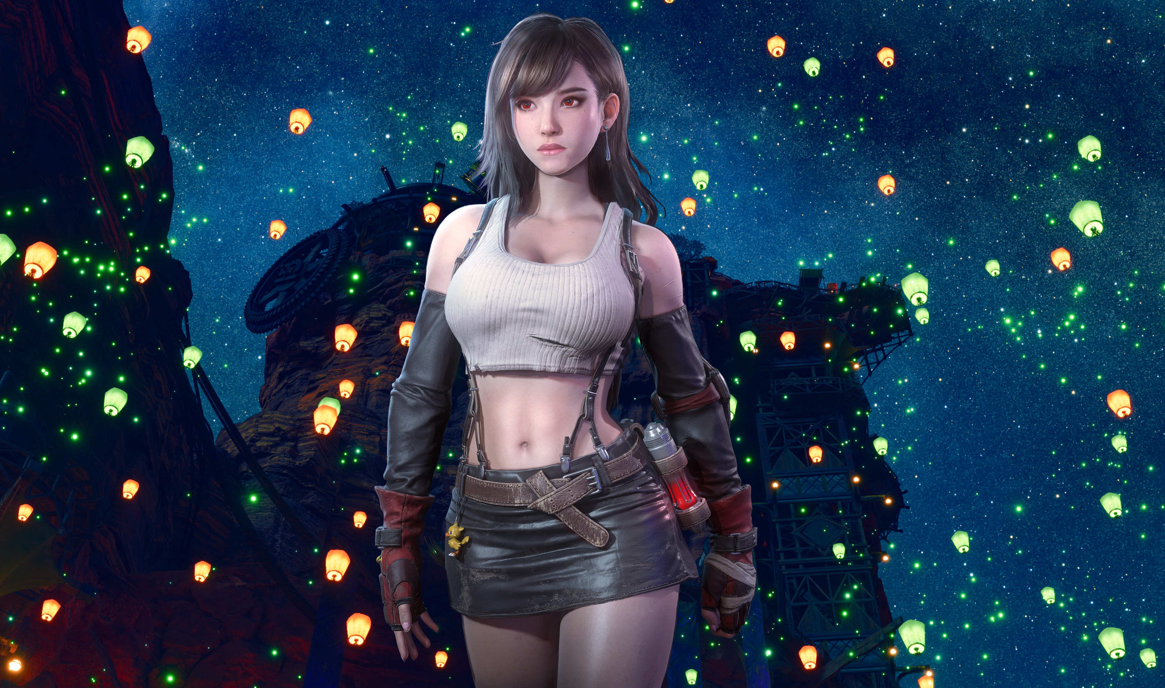blair armitage, tifa lockhart, final fantasy, final fantasy vii, final fantasy vii remake, absurdres, highres, non-web source, 1girl, 3d, abs, black hair, breasts, crop top, night, night sky, realistic, redesign, skirt, sky, solo, suspenders, tank top