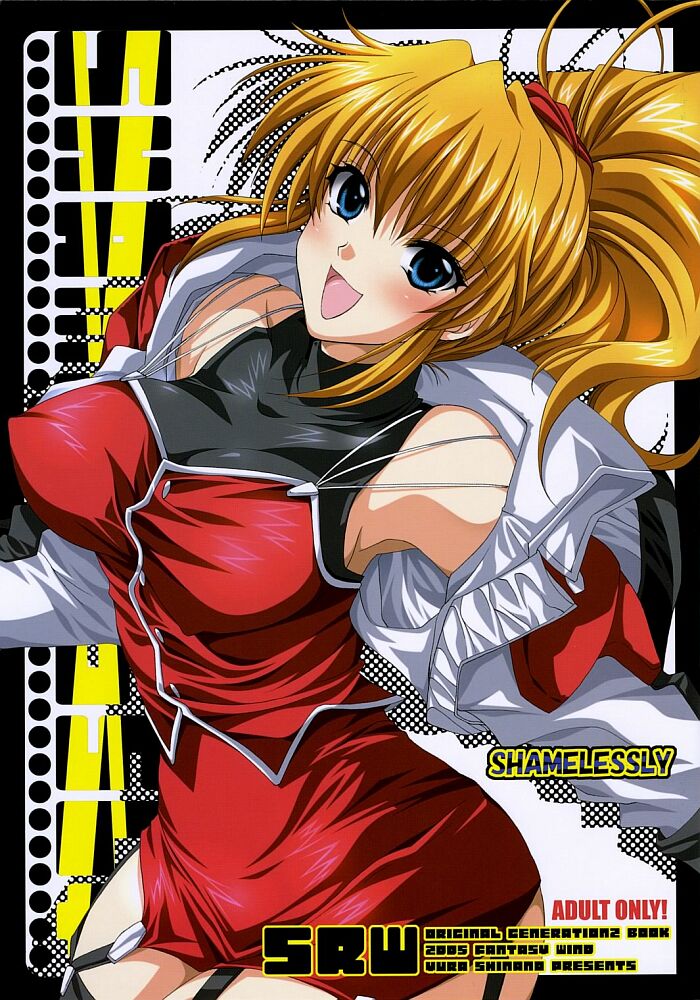 shinano yura, excellen browning, banpresto, super robot wars, super robot wars original generation, jpeg artifacts, non-web source, scan, 1girl, :d, antenna hair, bare shoulders, blue eyes, blush, border, breasts, buttons, content rating, cover, cover page, female focus, garter straps, halterneck, head tilt, jacket, large breasts, long hair, looking at viewer, miniskirt, off shoulder, open clothes, open jacket, open mouth, orange hair, polka dot, polka dot background, ponytail, scrunchie, shadow, shirt, sidelocks, skin tight, skirt, smile, solo, taut clothes, taut shirt, thighhighs, turtleneck, wide hips, zettai ryouiki