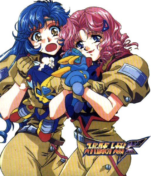 grace, grace urigin, patricia hackman, patty, banpresto, super robot wars, uniform, 2girls, blue eyes, blue hair, gloves, hair ornament, hairclip, lipstick, long hair, looking at viewer, makeup, military, multiple girls, open mouth, pink hair, short hair, simple background, stuffed toy