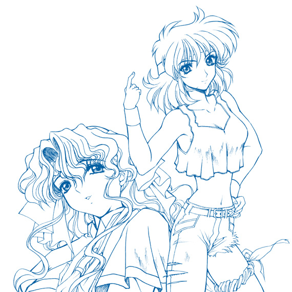 lune zoldark, wendy rasm iknart, banpresto, super robot wars, super robot wars the lord of elemental, 2girls, asymmetrical clothes, bandana, belt, blue theme, cutoffs, denim, headband, jeans, monochrome, multiple girls, pants, single pantsleg, sketch, tank top, torn clothes, torn jeans, torn pants, wristband