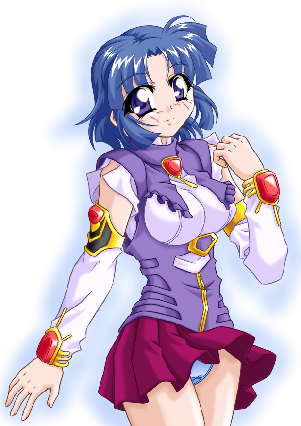 kusuha mizuha, banpresto, super robot wars, blue eyes, blue hair, blush, cameltoe, panties, pantyshot, solo, split mouth, underwear, upskirt