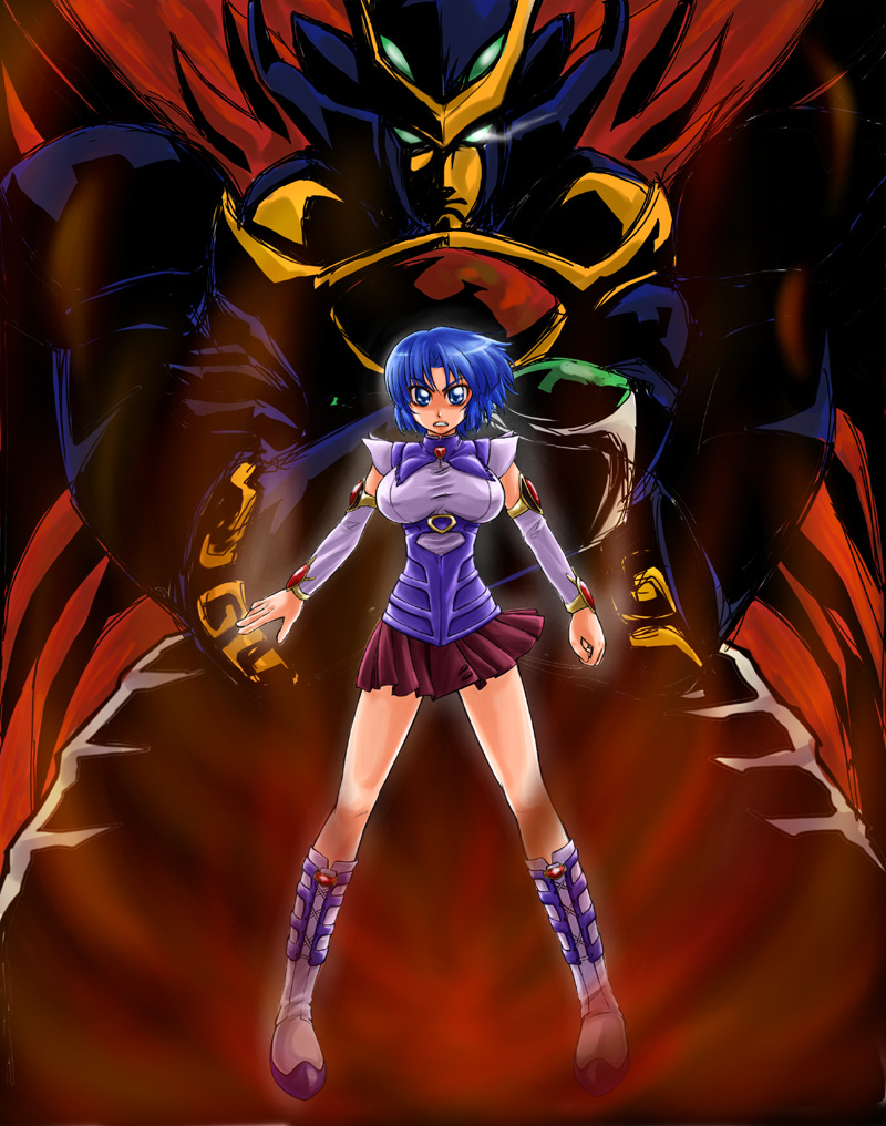 kusuha mizuha, ryukooh, banpresto, super robot wars, 1girl, armlet, black hair, blue eyes, boots, breasts, brooch, female focus, full body, jewelry, knee boots, large breasts, long sleeves, looking at viewer, mecha, pleated skirt, red skirt, robot, skirt, solo, standing, super robot