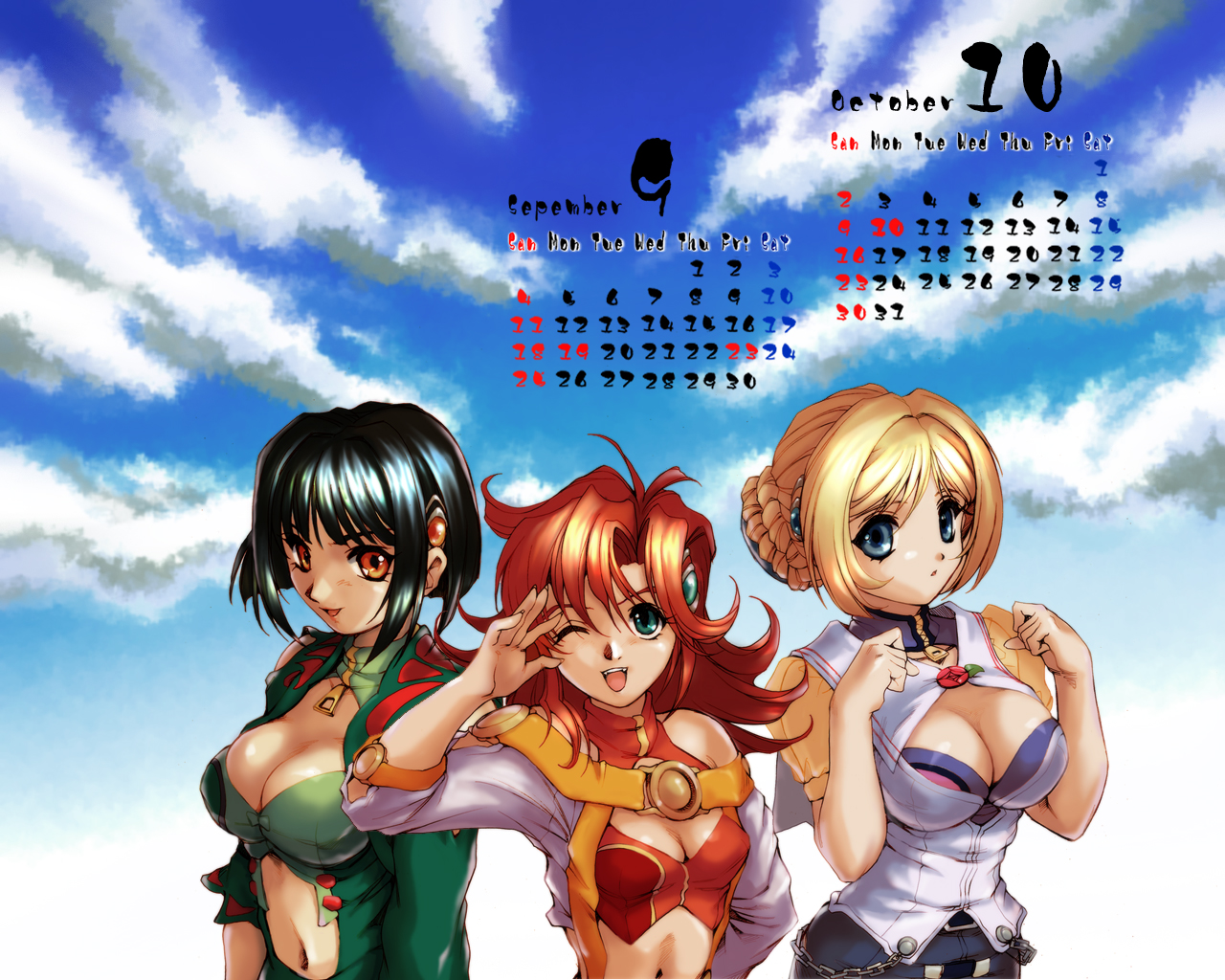 hisahiko, festenia muse, katia grineal, melua melna meia, banpresto, super robot wars, super robot wars judgement, 3girls, black hair, blonde hair, blue eyes, breasts, cleavage, cleavage cutout, clothing cutout, green eyes, large breasts, long sleeves, midriff, multiple girls, one eye closed, orange eyes, red hair, salute