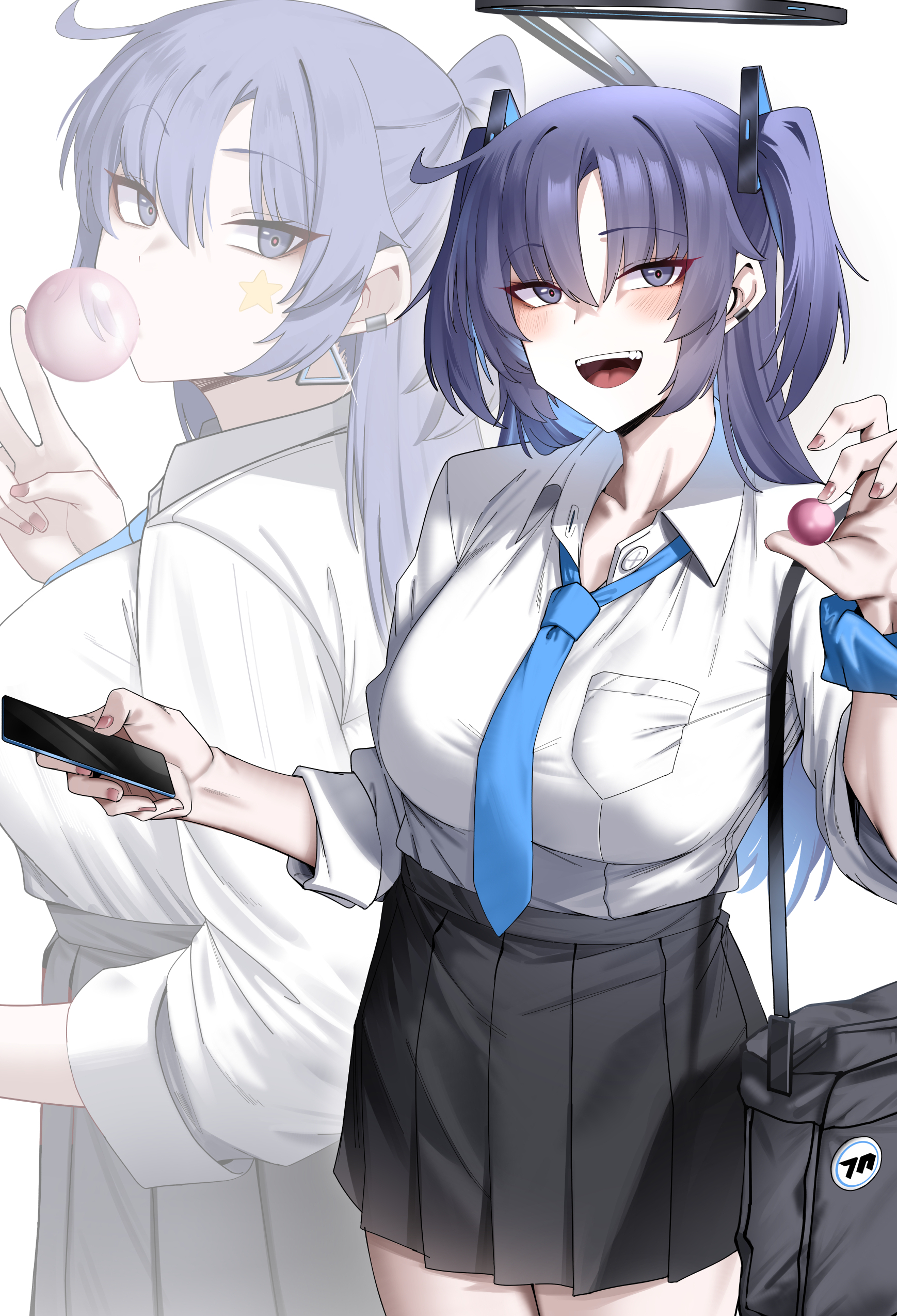 cliov, yuuka (blue archive), blue archive, absurdres, commentary, highres, 1girl, black bag, black skirt, blue necktie, blush, breasts, cellphone, chewing gum, dress shirt, fingernails, halo, holding, holding phone, large breasts, long hair, looking at viewer, multiple views, nail polish, necktie, open collar, phone, pleated skirt, purple eyes, purple hair, school uniform, scrunchie, shirt, shirt tucked in, simple background, skirt, smartphone, smile, two side up, very long hair, white background, white shirt, wrist scrunchie