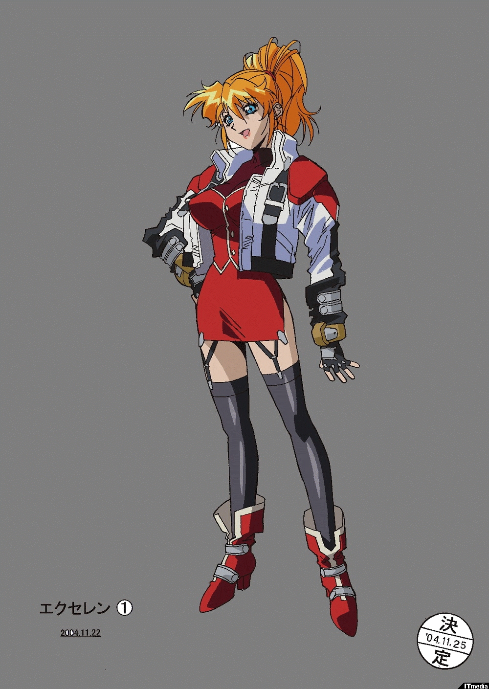 excellen browning, banpresto, super robot wars, highres, 1girl, blue eyes, female focus, fingerless gloves, garter straps, gloves, jacket, orange hair, ponytail, solo, thighhighs, zettai ryouiki