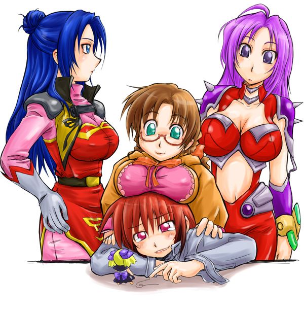 yaji (kitizoto), ibis douglas, selena recital, sleigh presty, tsugumi takakura, banpresto, super robot wars, super robot wars alpha, the 3rd super robot wars alpha, 4girls, ahoge, blue eyes, blue hair, bow, breast press, breast rest, breasts, breasts on head, brown hair, cleavage, covered erect nipples, green eyes, large breasts, long hair, midriff, multiple girls, pink eyes, ponytail, purple eyes, purple hair, red hair, selena reshtal, short hair, tears