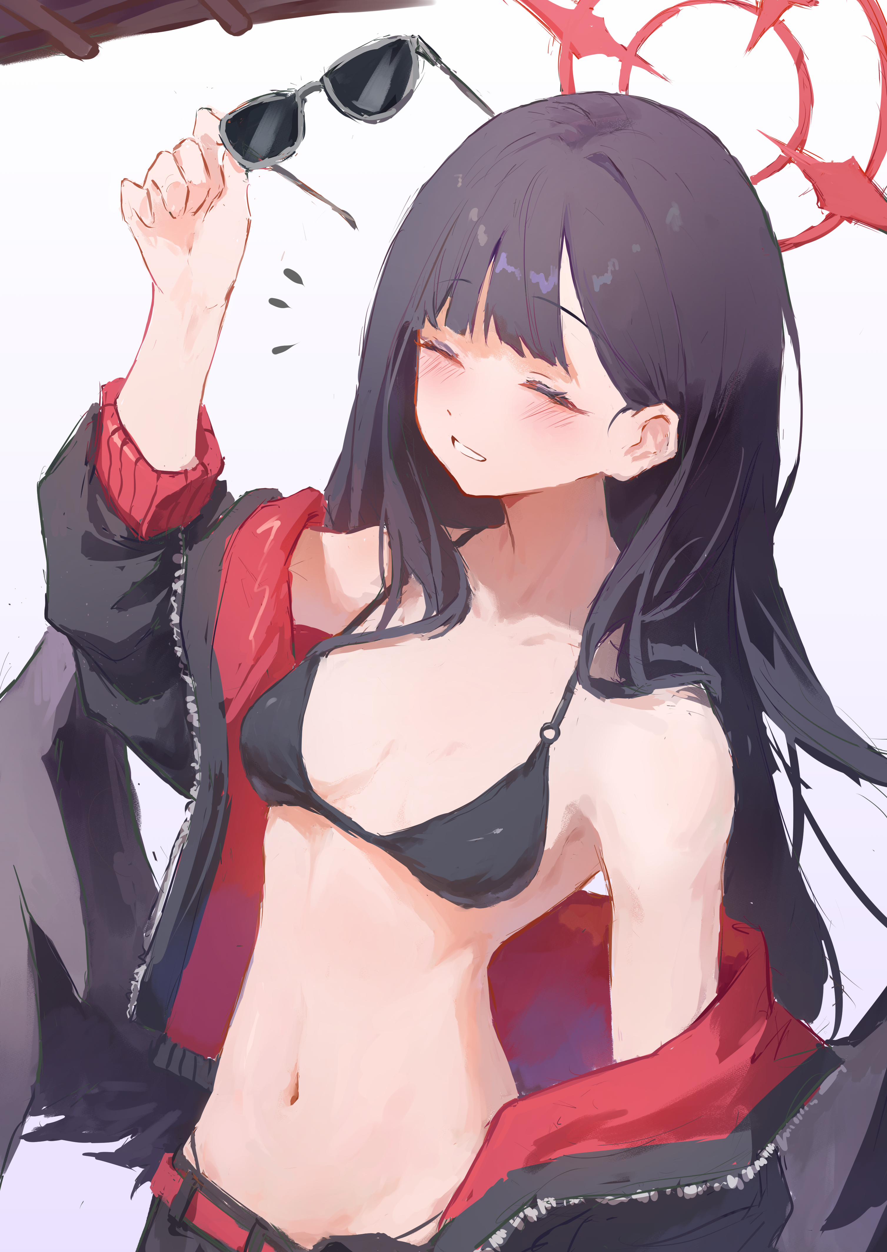 mumu millhayes, ichika (blue archive), ichika (swimsuit) (blue archive), blue archive, absurdres, highres, 1girl, bikini, black bikini, black hair, black jacket, black shorts, breasts, closed eyes, halo, holding, holding removed eyewear, jacket, long hair, navel, official alternate costume, open clothes, open jacket, red halo, shorts, simple background, smile, solo, sunglasses, swimsuit, unworn eyewear, upper body, white background