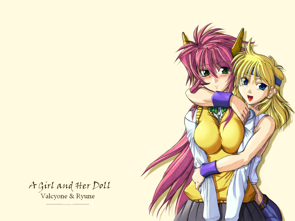 lune zoldark, valsione, valsione r, banpresto, super robot wars, 2girls, :d, blonde hair, bow, bowtie, cowboy shot, hug, hug from behind, long sleeves, multiple girls, open mouth, pink hair, pleated skirt, school uniform, shirt, skirt, smile, sweater, sweater vest, valcyone, white shirt, yellow sweater