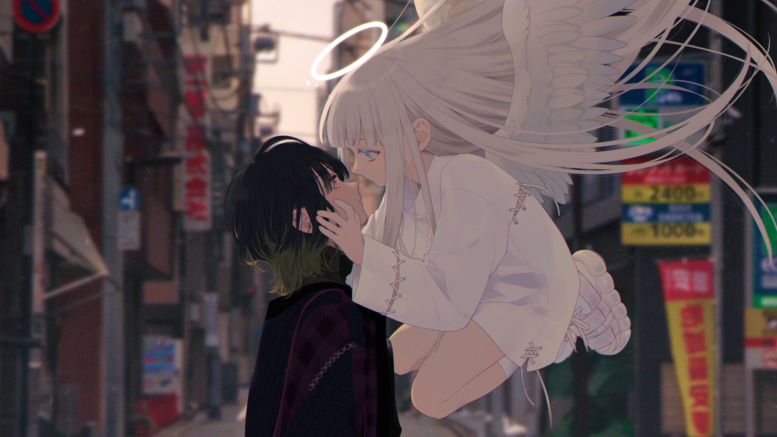 majoccoid, original, highres, 2girls, alley, angel wings, black hair, black shirt, blue eyes, blurry, blurry background, closed mouth, cross-laced clothes, cross-laced dress, cross-laced sleeves, day, depth of field, dress, expressionless, eye contact, feathered wings, film grain, floating, floating hair, grey hair, grey wings, halo, hand on another's face, long bangs, long hair, long sleeves, looking at another, multicolored hair, multiple girls, outdoors, shirt, shoes, short dress, sneakers, traditional halo, turtleneck, turtleneck shirt, very long hair, white dress, white shoes, wide sleeves, wings, yuri