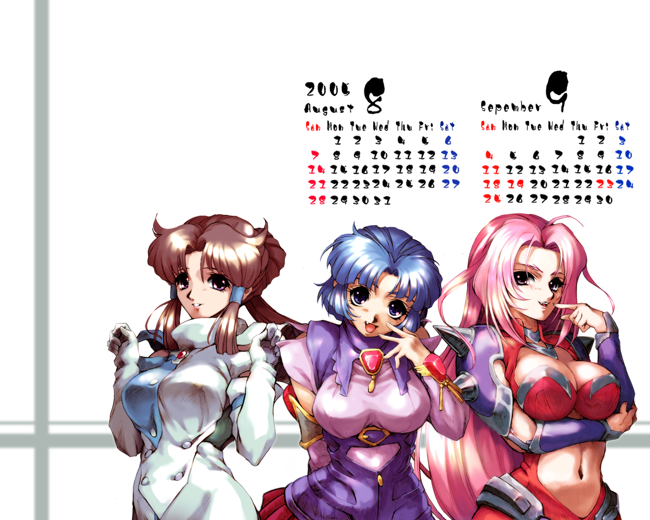 hisahiko, kusuha mizuha, minaki tomine, selena recital, banpresto, super robot wars, super robot wars alpha, the 3rd super robot wars alpha, breast hold, 00s, 2005, 3girls, :d, ahoge, armor, august, blue eyes, blue hair, blunt bangs, bodysuit, breasts, brown hair, buttons, calendar, center opening, cleavage cutout, clothing cutout, detached sleeves, donut hair bun, dress, elbow gloves, fang, finger to mouth, gem, gloves, grin, hair bun, hair tubes, hand to own mouth, head tilt, large breasts, leaning forward, lineup, long hair, looking at viewer, midriff, miniskirt, multiple girls, naughty face, navel, open mouth, parted bangs, pauldrons, pink hair, pleated skirt, pointing, ponytail, purple eyes, selena reshtal, september, short hair, shoulder armor, sidelocks, simple background, single hair bun, skirt, smile, spikes, turtleneck, upper body, vambraces, very long hair, white background