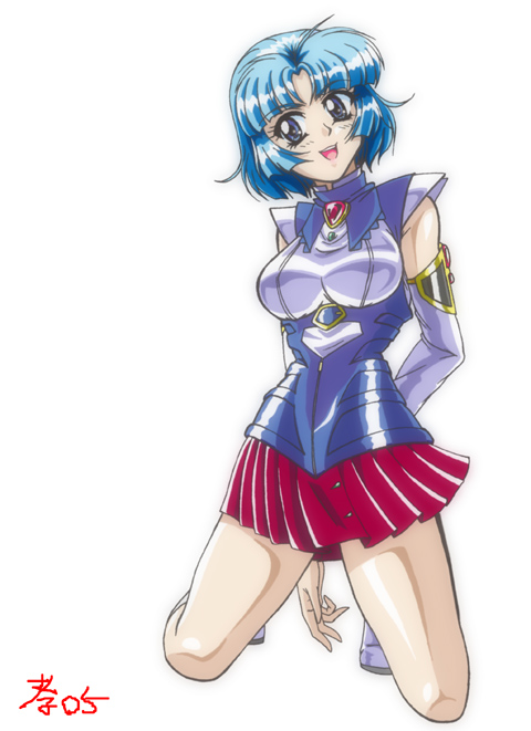kusuha mizuha, banpresto, super robot wars, 1girl, :d, armor, bare shoulders, blue eyes, blue hair, blush, brooch, female focus, head tilt, jewelry, kneeling, looking at viewer, matching hair/eyes, open mouth, shiny clothes, shoes, skin tight, smile, solo, teeth
