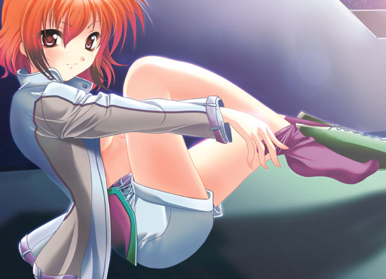 ibis douglas, banpresto, super robot wars, 1girl, arm belt, breasts, collar, female focus, hair between eyes, jacket, leaning back, long sleeves, looking at viewer, no bra, open clothes, open jacket, red eyes, red socks, shade, shoes, short hair, shorts, single shoe, sitting, small breasts, smile, socks, solo, sunlight, underboob, undressing