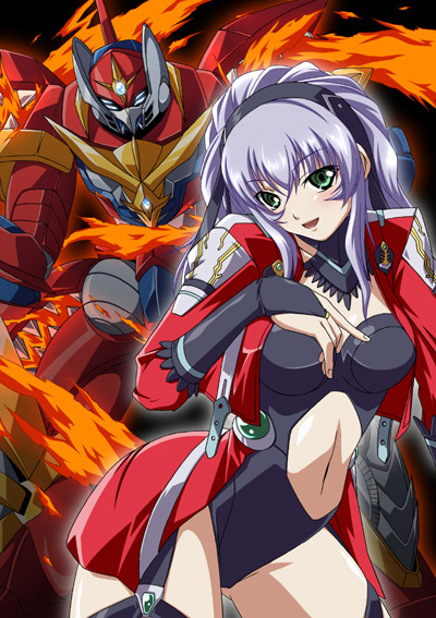 tsukita, aqua centolm, banpresto, super robot wars, super robot wars mx, 1girl, :d, aqua centrum, blush, bodysuit, bridal gauntlets, clothing cutout, contrapposto, cowboy shot, cropped jacket, detached collar, female focus, fire, garter straps, green eyes, hairband, jacket, leotard, long hair, looking at viewer, mecha, midriff, miniskirt, navel, navel cutout, open clothes, open jacket, open mouth, outline, robot, showgirl skirt, sidelocks, skirt, smile, solo, standing, thighhighs, turtleneck