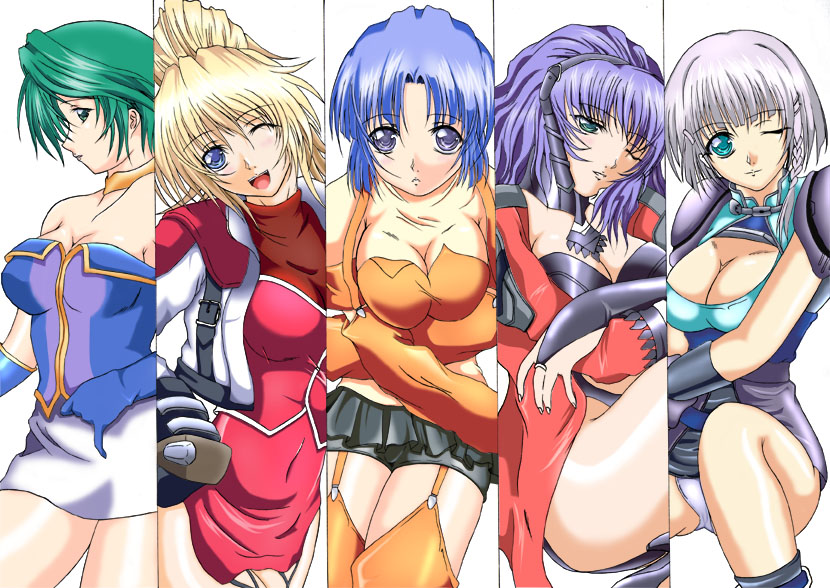 aqua centolm, aya kobayashi, excellen browning, kusuha mizuha, seolla schweizer, banpresto, super robot wars, silver hair, 5girls, aqua centrum, blonde hair, blue hair, breasts, cleavage, cleavage cutout, clothing cutout, garter straps, green hair, jacket, large breasts, miniskirt, multiple girls, panties, pantyshot, short hair, skirt, thighhighs, underwear