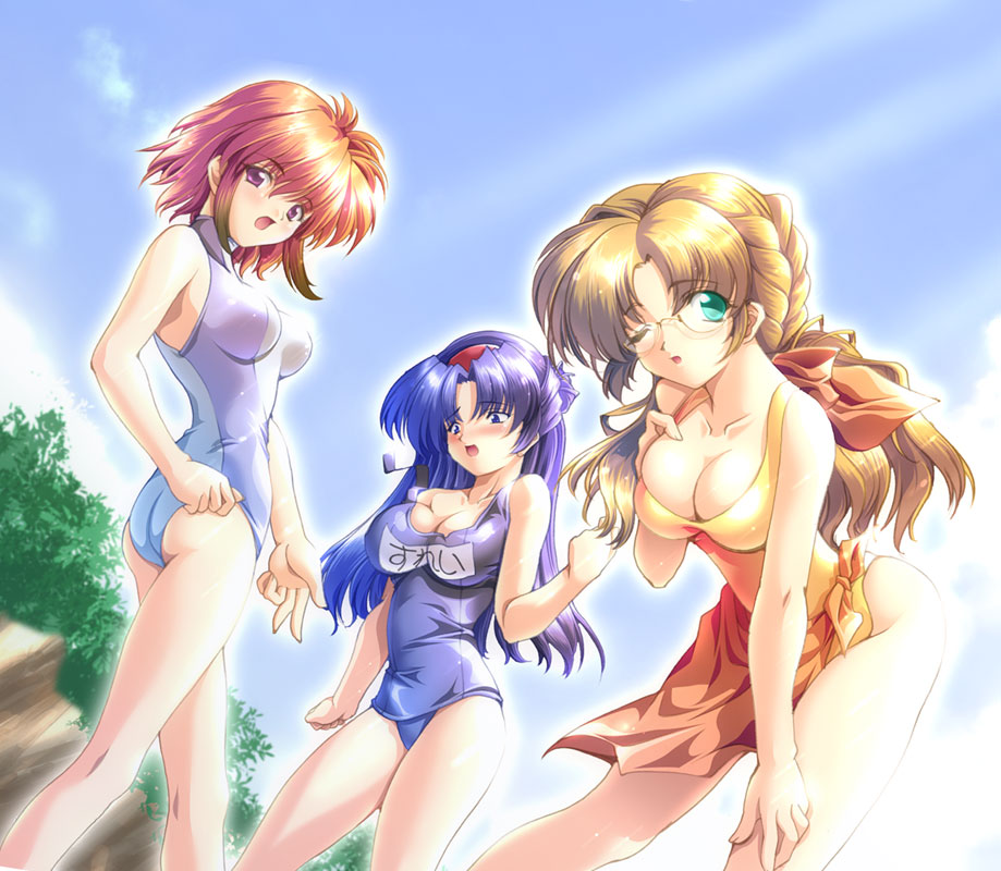 gunner-l, ibis douglas, sleigh presty, tsugumi takakura, banpresto, super robot wars, 3girls, ass, blue eyes, blue hair, blush, breasts, brown hair, cleavage, glasses, green eyes, hair ribbon, hairband, large breasts, long hair, multiple girls, name tag, one-piece swimsuit, one eye closed, open mouth, ponytail, purple eyes, red hair, ribbon, school swimsuit, short hair, swimsuit, wink