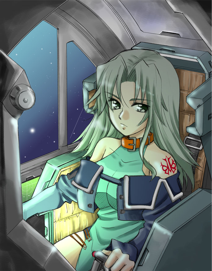 lamia loveless, banpresto, super robot wars, 1girl, bare shoulders, breasts, chair, cockpit, collar, crop top, dress, female focus, frown, green eyes, green hair, hair between eyes, halterneck, jacket, large breasts, long hair, looking at viewer, matching hair/eyes, mecha, monitor, off shoulder, open clothes, open jacket, parted bangs, radar, robot, seatbelt, side slit, sidelocks, sitting, sky, solo, space, star (sky), starry sky, strap, tattoo, window