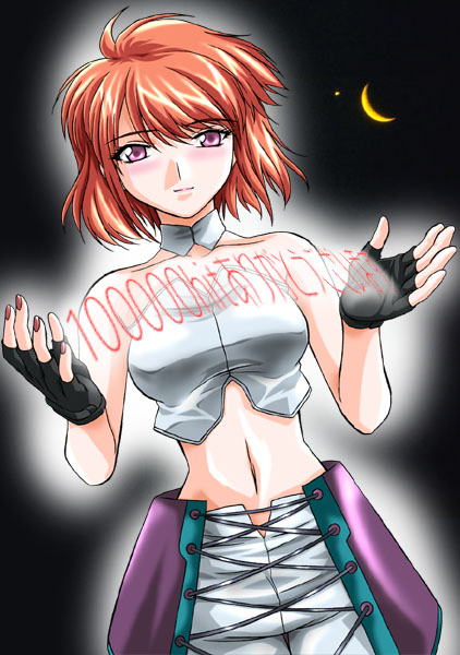 ibis douglas, banpresto, super robot wars, 1girl, armor, blush, brown hair, collar, collarbone, crescent moon, cross-laced clothes, dutch angle, female focus, fingerless gloves, gloves, glowing, light smile, looking at viewer, midriff, moon, navel, night, orange hair, pants, pink eyes, purple eyes, purple skirt, short hair, skirt, solo, strapless