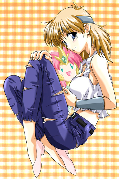 lune zoldark, valsione, valsione r, banpresto, super robot wars, super robot wars the lord of elemental, 1girl, bare shoulders, blonde hair, character doll, denim, doll, female focus, jeans, pants, short hair, solo, tank top, torn clothes, torn jeans, torn pants