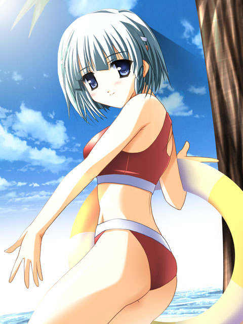 seolla schweizer, banpresto, super robot wars, bikini, blue eyes, day, innertube, red bikini, short hair, solo, split mouth, swim ring, swimsuit