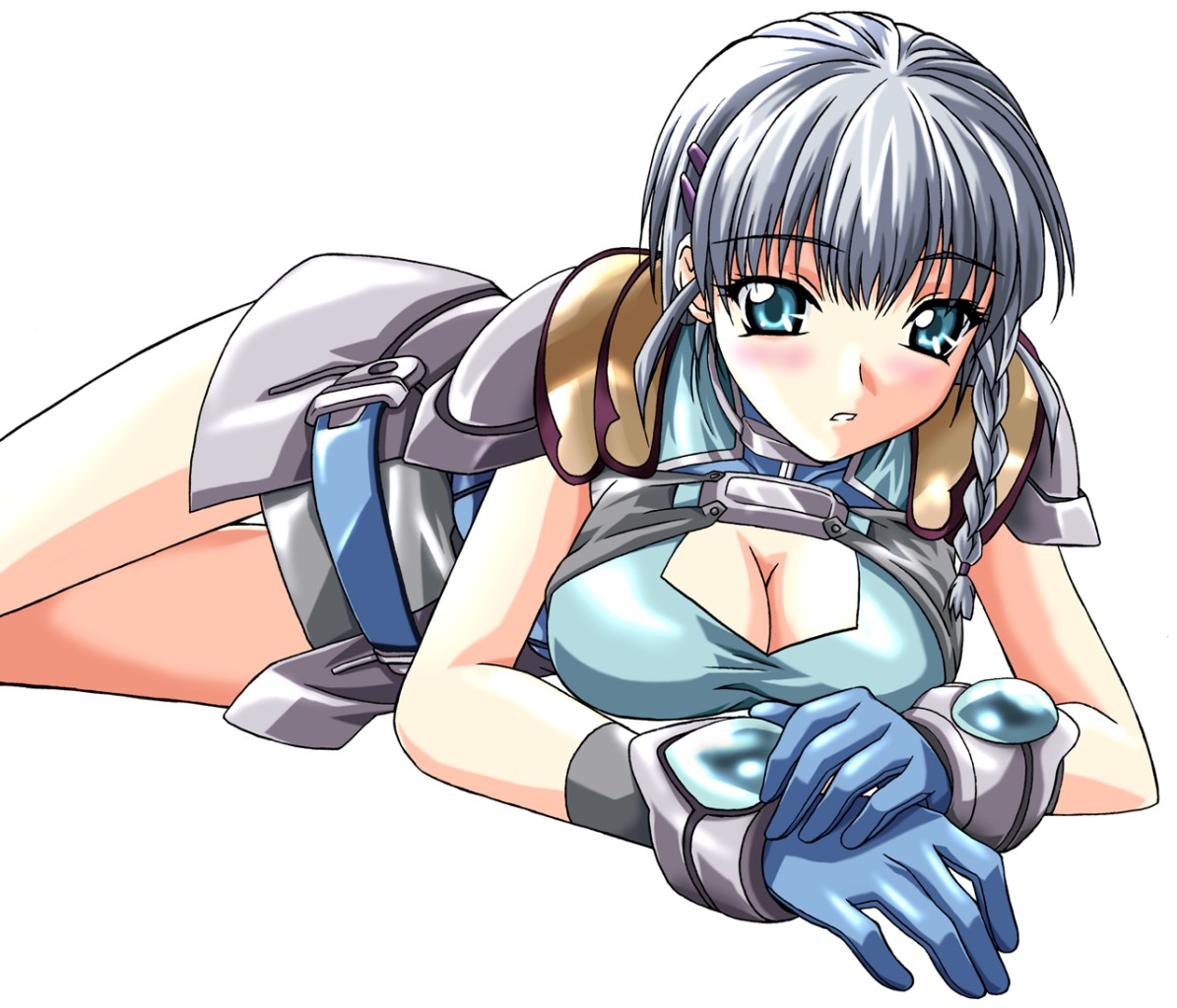 seolla schweizer, banpresto, super robot wars, silver hair, 1girl, blue eyes, blush, braid, breasts, cleavage, female focus, gloves, large breasts, lying, short hair, solo