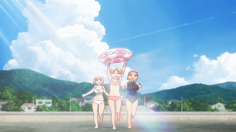 kasamaru aoi, tanigawa ruri, ruri no houseki, animated, animated gif, anime screenshot, tagme, 2025, 20s, 3girls, arm up, armpits, beach, bikini, blonde hair, blue sky, bouncing breasts, breasts, brown hair, cloud, collarbone, holding, large breasts, long hair, medium hair, mountain, multiple girls, open mouth, orange hair, pink bikini, pink hair, rash guard, rubber ring, running, running towards viewer, sand, short hair, sky, small breasts, smile, sun beam, swimsuit, white bikini, yellow eyes