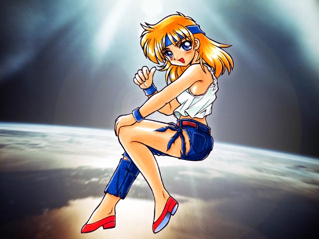 lune zoldark, banpresto, super robot wars, super robot wars original generation, super robot wars the lord of elemental, 1girl, asymmetrical clothes, blonde hair, cutoffs, denim, female focus, headband, jeans, pants, single pantsleg, solo, torn clothes, torn jeans, torn pants
