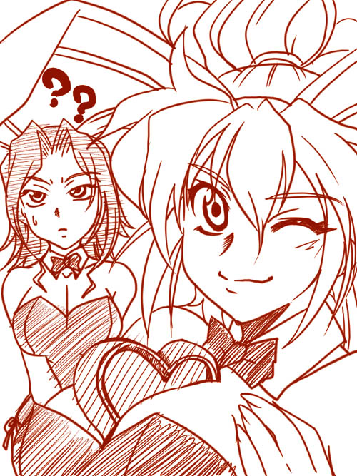 excellen browning, lamia loveless, banpresto, super robot wars, animal ears, between breasts, breasts, fake animal ears, monochrome, pantyhose, playboy bunny, rabbit ears, valentine