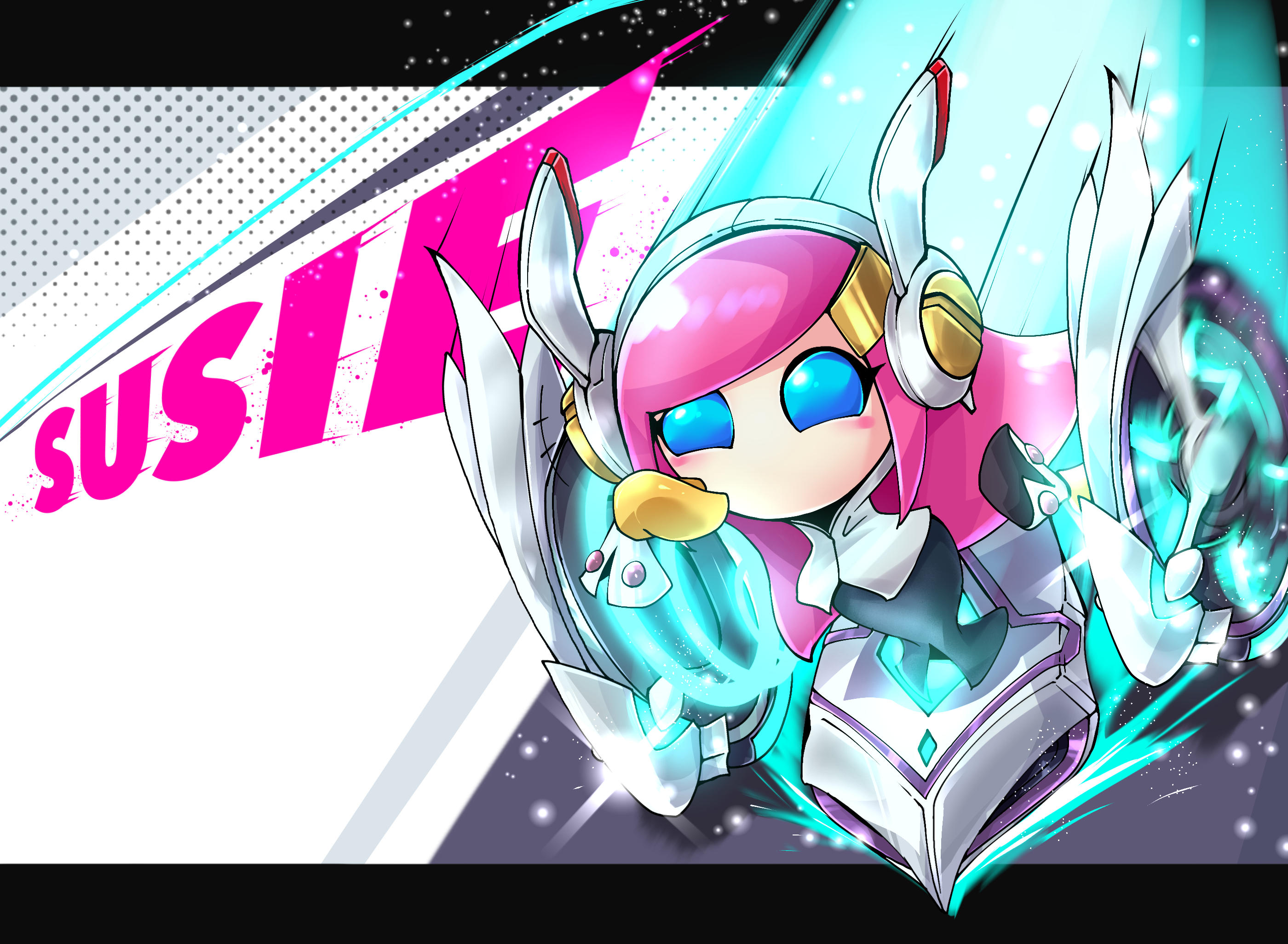 yurume ami, susie (kirby), kirby (series), kirby air ride, kirby air riders, nintendo, highres, 1girl, blue eyes, bolt (hardware), character name, gloves, hair ornament, hairclip, letterboxed, motion blur, ojou-sama pose, pink hair, rayman limbs, solo, yellow gloves