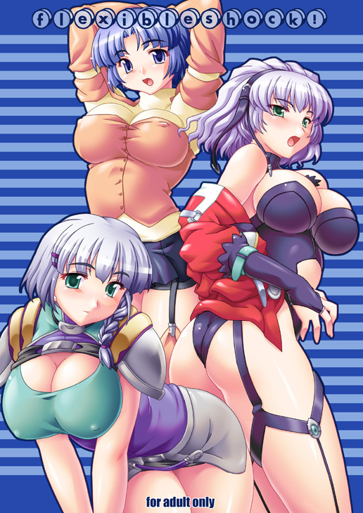 midori aoi, aqua centolm, kusuha mizuha, seolla schweizer, banpresto, super robot wars, silver hair, non-web source, 3girls, aqua centrum, arms up, ass, bent over, blue eyes, blue hair, braid, breasts, bridal gauntlets, cleavage, cover, covered erect nipples, detached sleeves, garter belt, green eyes, hair ornament, hairband, hairclip, jacket, large breasts, looking back, multiple girls, off shoulder, open mouth, purple hair, short hair, side braid, thighhighs