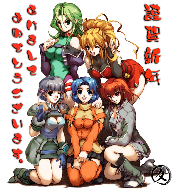 hisahiko, excellen browning, ibis douglas, kusuha mizuha, lamia loveless, seolla schweizer, banpresto, super robot wars, 5girls, armor, blonde hair, blue eyes, blue hair, braid, breasts, gloves, green eyes, green hair, grey hair, kneeling, large breasts, leaning forward, long hair, medium breasts, multiple girls, one eye closed, orange hair, pink eyes, ponytail, short hair, thighhighs, wink