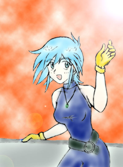 allenby beardsley, g gundam, gundam, wall, 1990s (style), 1girl, :d, arm support, arm up, bare shoulders, belt, blue bodysuit, blue eyes, blue hair, blush, bodysuit, cloud, female focus, gloves, halterneck, jewelry, lens flare, matching hair/eyes, necklace, open mouth, outdoors, pendant, retro artstyle, shirt, short hair, sidelocks, sky, sleeveless, smile, solo, standing, sun, taut clothes, taut shirt, turtleneck, unitard, waving
