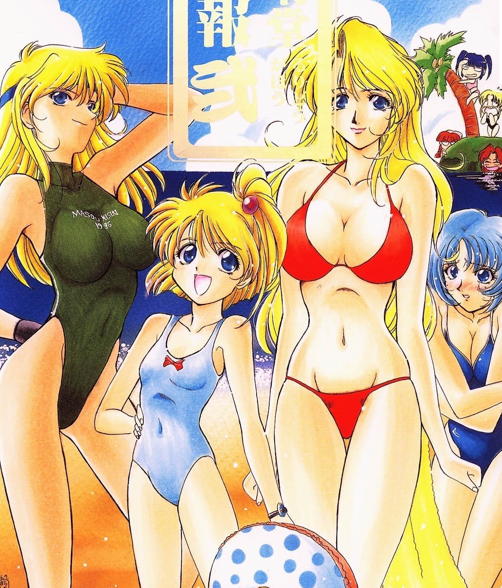 eris radius, kusuha mizuha, lune zoldark, mio sasuga, presea, presia zenoskis, rebecca turner, rothery serue, simone curian, tootie, tytti norback, banpresto, super robot wars, super robot wars the lord of elemental, highleg swimsuit, highres, traditional media, 6+girls, :d, :o, age difference, beach, bikini, blonde hair, blue eyes, blue hair, blush, bow, braid, breasts, breasts squeezed together, casual one-piece swimsuit, chibi, cleavage, cloud, coconut, covering privates, crossed arms, day, embarrassed, everyone, flat chest, groin, hair bobbles, hair ornament, hand on own hip, headband, highleg, impossible clothes, impossible swimsuit, innertube, island, large breasts, lipstick, long hair, lowleg, lowleg bikini, makeup, multiple girls, navel, one-piece swimsuit, open mouth, outdoors, palm tree, parted bangs, peeking, polka dot, ponytail, red hair, short hair, side ponytail, single hair intake, skin tight, sky, smile, standing, submerged, surprised, sweatdrop, swim ring, swimsuit, tankini, towel, tree, turtleneck, twintails, watch, water, wristband, wristwatch