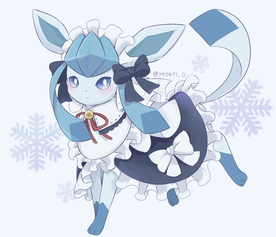yuuri (yr0471 0), glaceon, glaceon (tea party), nintendo, pokemon, pokemon unite, commentary request, blue eyes, blush, closed mouth, clothed pokemon, dress, frilled dress, frills, gen 4 pokemon, maid headdress, no humans, pokemon (creature), ribbon, snowflakes, solo, white background