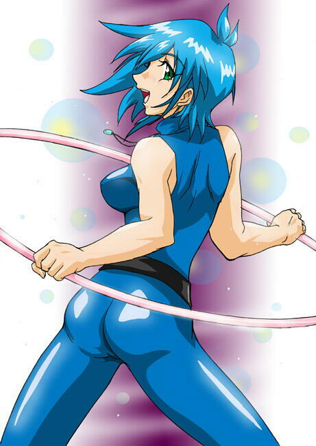 allenby beardsley, g gundam, gundam, 1990s (style), 1girl, ass, blue bodysuit, blue hair, bodysuit, breasts, female focus, green eyes, hoop, hula hoop, large breasts, open mouth, retro artstyle, solo