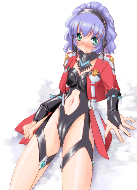 aqua centolm, banpresto, super robot wars, super robot wars mx, 1girl, aqua centrum, arm support, black bridal gauntlets, blush, bodysuit, breasts, bridal gauntlets, cameltoe, cleavage, clothing cutout, detached collar, emblem, female focus, green eyes, jacket, leotard, looking at viewer, lying, medium breasts, navel, navel cutout, on back, open clothes, open jacket, purple hair, short hair, skin tight, solo, stomach