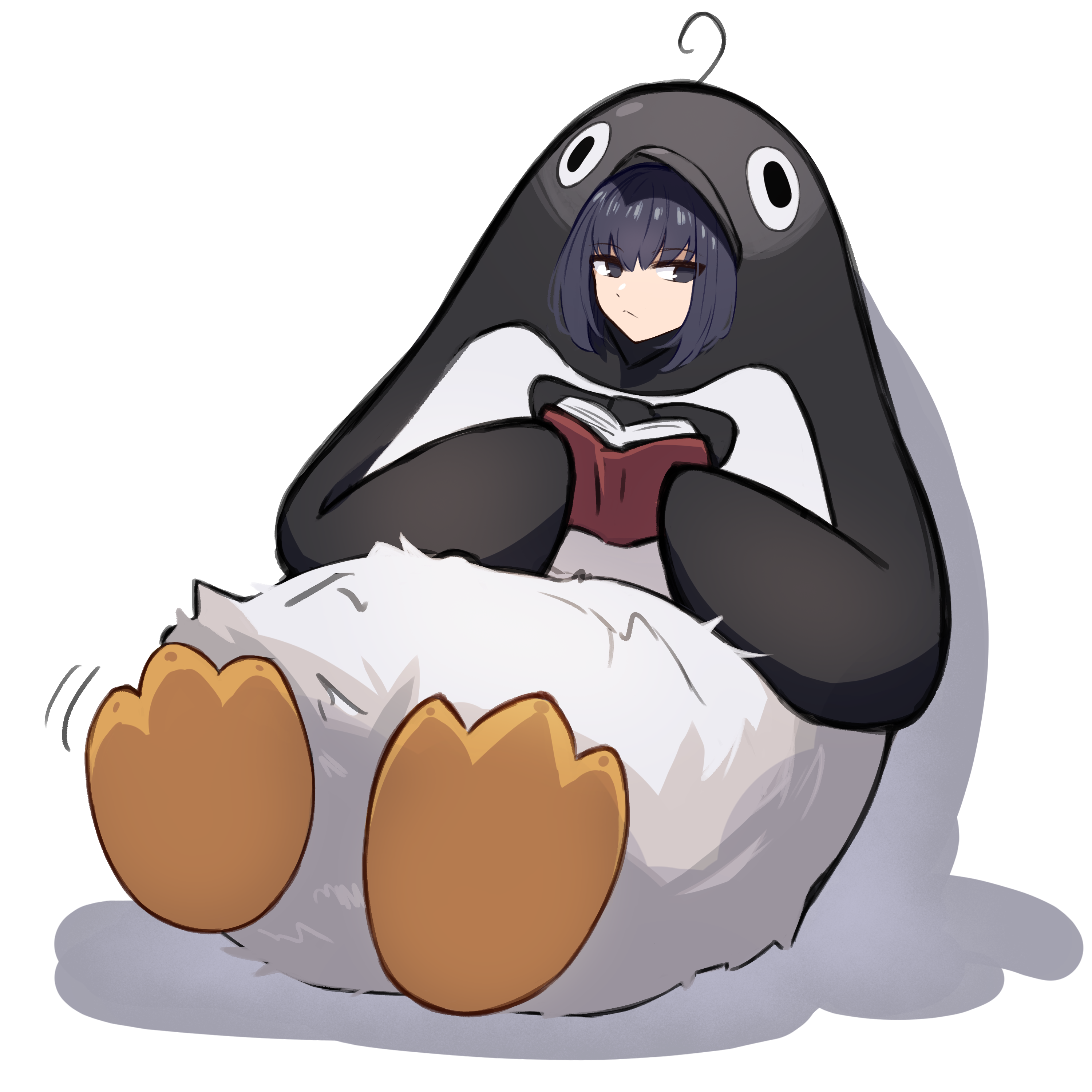 vinsycal, kuonji alice, mahou tsukai no yoru, absurdres, commentary, highres, 1girl, animal costume, black eyes, black hair, book, grey background, holding, holding book, looking at viewer, official alternate costume, open book, penguin costume, reading, shadow, short hair, simple background, sitting, solo