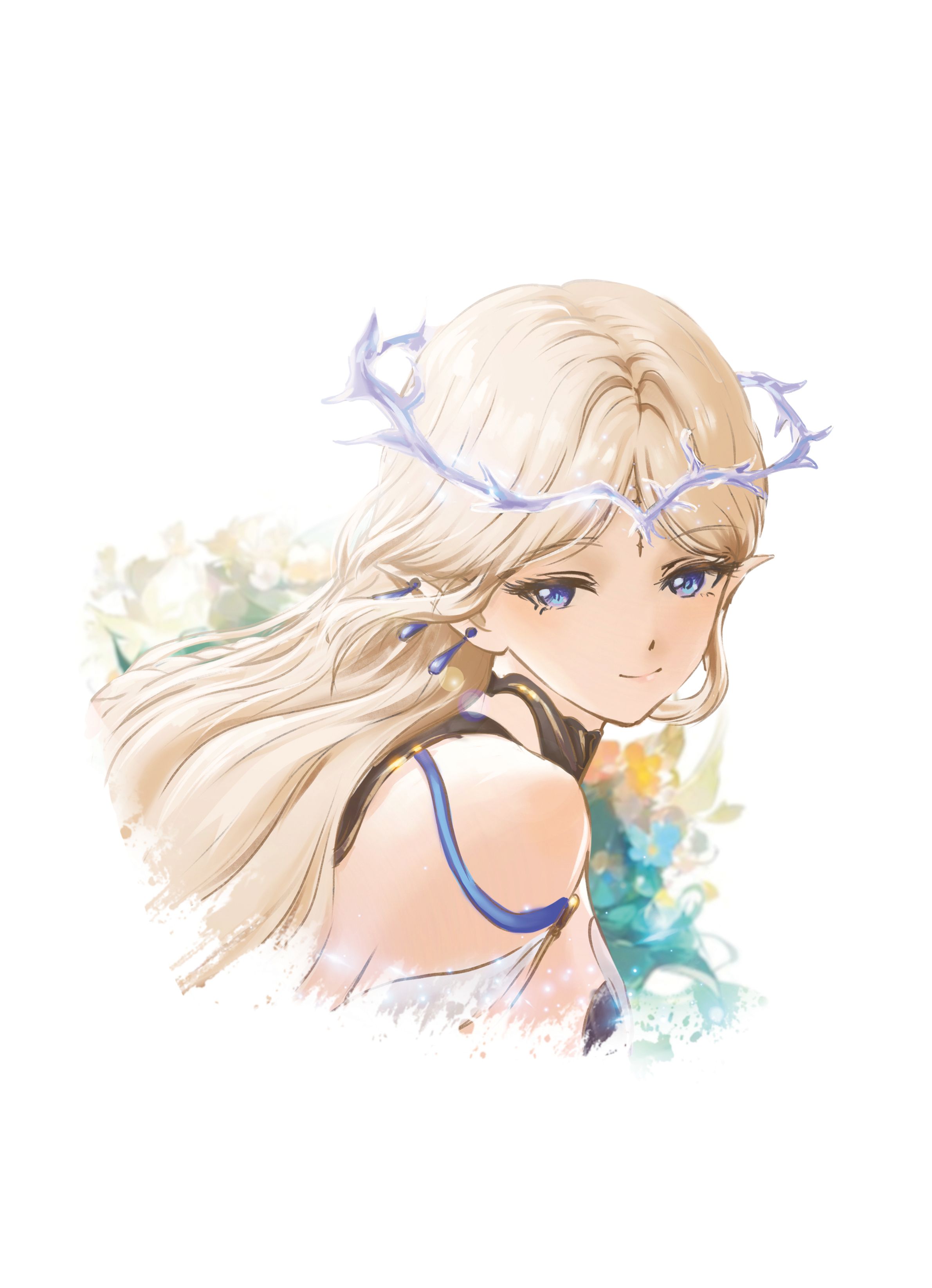 papatouch, cartethyia (wuthering waves), wuthering waves, absurdres, highres, 1girl, blonde hair, blue eyes, breasts, closed mouth, cropped torso, crown of thorns, earrings, jewelry, long hair, looking at viewer, looking to the side, medium breasts, missing commentary, multiple earrings, parted bangs, pointy ears, simple background, smile, solo, tacet mark (wuthering waves), white background